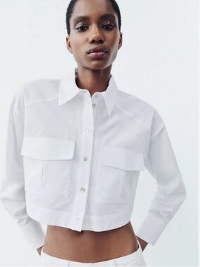 Zara Cropped White Poplin Button-Down Women Sz XS Cool Girl Streetstyle